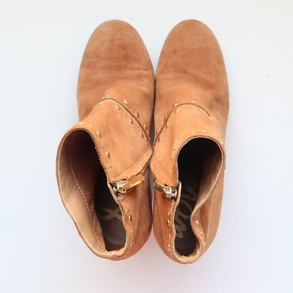 Sam Edelman Tan Suede Leather Round Toe Block Heel Studded Ankle Boots Booties - Picture 4 of 16